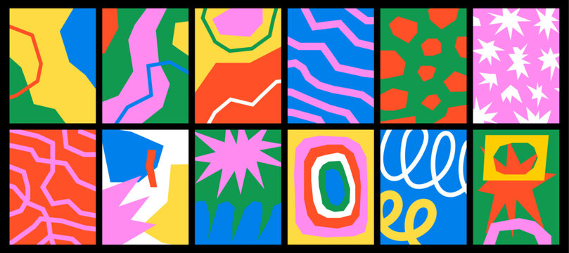 Collection of textured vector backgrounds with simple elements and playful patterns. Abstract colorful funky backgrounds for cards, posters, covers, banners, or branding.