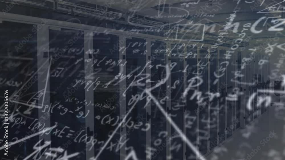 Poster overlaying mathematical equations and graphs in school animation, server room setting