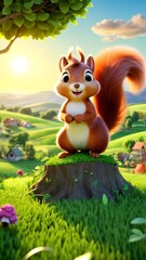 A squirrel standing on top of a tree stump in a lush green field.