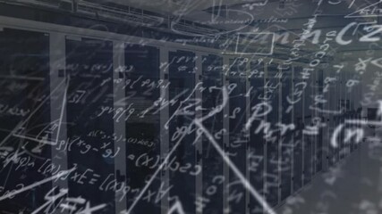 Overlaying mathematical equations and graphs in school animation, server room setting - Powered by Adobe