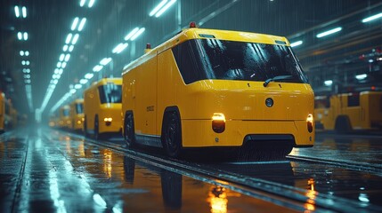 Rainy Night in the Futuristic Vehicle Depot