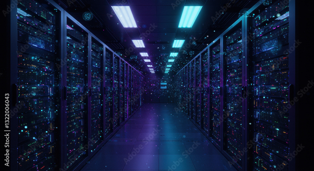 Poster data center dreams: a neon-lit journey through servers, tech, and the digital future. secure hosting