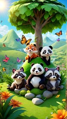 Naklejka premium A group of panda bears sitting on top of a lush green hillside.