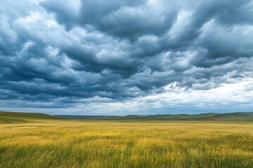 Fototapeta premium Dramatic Cloudy Sky Over Expansive Golden Grassland Landscape