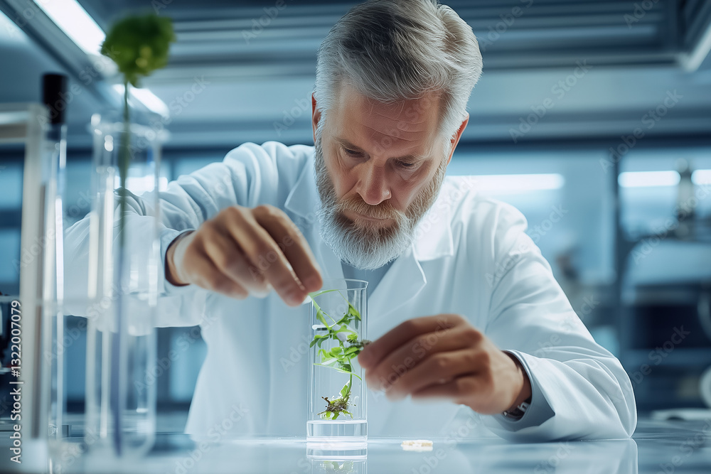 Poster a scientist examines genetically enhanced seeds in a laboratory. surrounded by high-tech instruments
