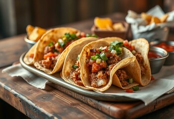 Taco platter with crispy shells and vibrant toppings