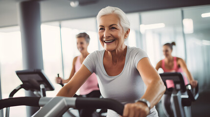 Fototapeta premium A woman is riding a stationary bike in a gym