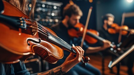 Musicians playing violin and bass guitar in recording studio. Focused performers practicing together, surrounded by professional equipment. Music production, rehearsal, and band practice themes.