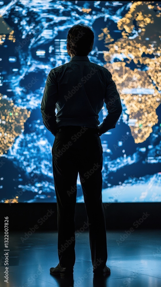 Poster business professional analyzing global data on digital map display