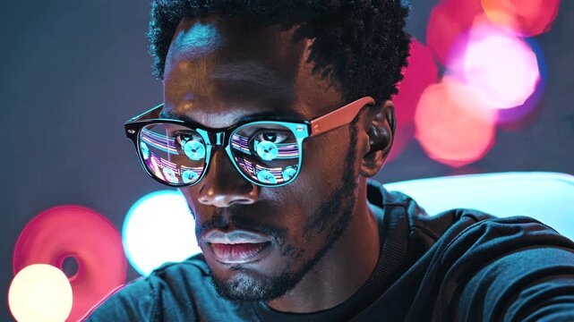 African american programmer with glasses intently coding at computer, vibrant light reflections on lens, concentrating within shadowy workspace, illuminating digital creativity