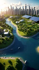 An aerial view of a futuristic city with a river running through it.