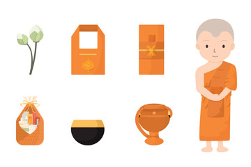 Illustration of a monk, robes, alms bowls and offerings
