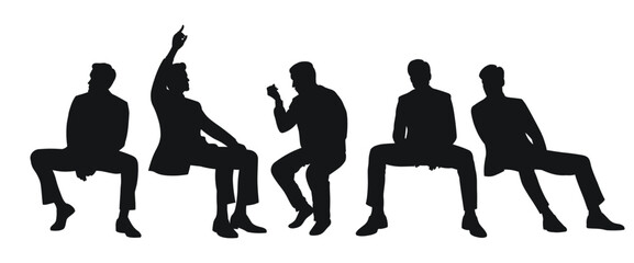 Silhouetted group of men in suits engaged in various poses during a formal gathering in a modern setting