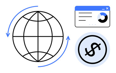 Globe with arrows, dollar sign, and analytics card representing concepts of global trade, financial transfer, data analytics, currency exchange, international business, and economic flow. Ideal