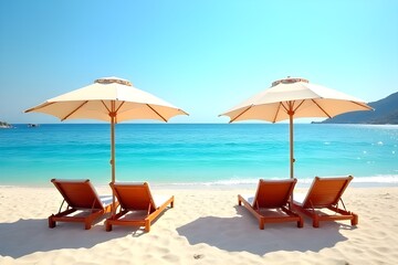 Fototapeta premium Perfect Beach Day: Relaxing Sunbeds and Umbrellas on Pristine Sand