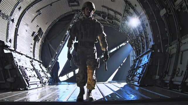 Soldier advances alone, soldier steps confidently inside cargo hold, soldier displays tactical gear confidence, soldier emphasizes solitary tactical bravery during airborne operation.