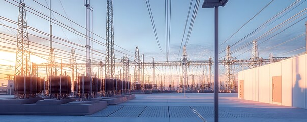 Electric power substation with transformers and overhead power lines