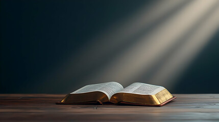 Open Antique Book With Golden Pages On Wooden Table Illuminated By Dramatic Light Beam In Dark Background