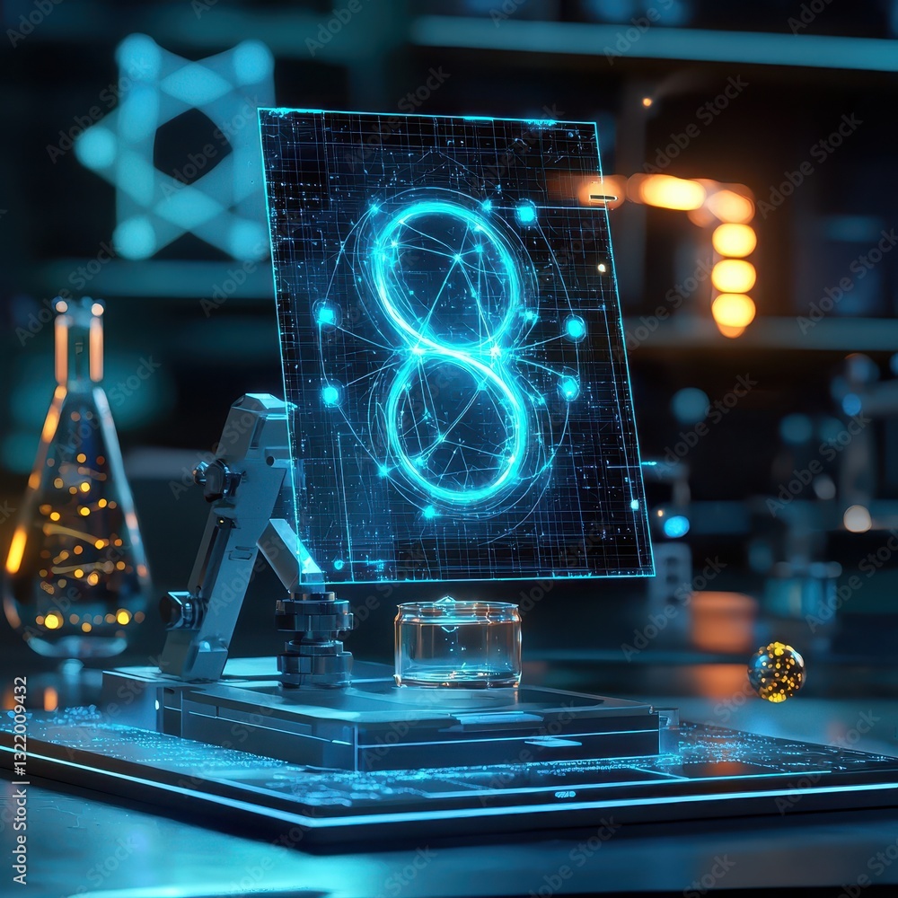 Poster futuristic laboratory setup with holographic display of number eight