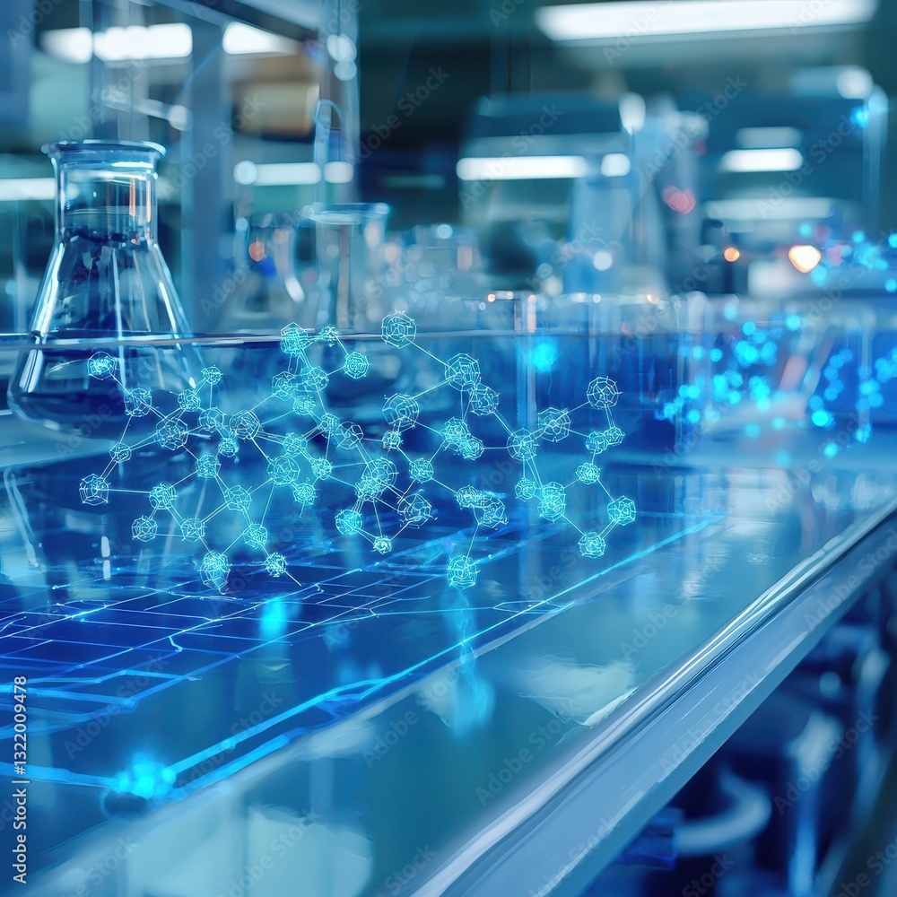 Poster laboratory setting with molecular structure visualization in focus