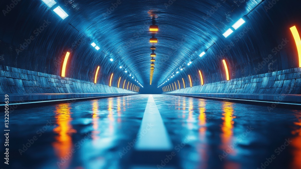 Poster exploring the depths of a luminous tunnel, where reflections and vibrant colors create an otherworld