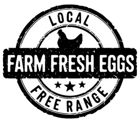 Local Free Range Farm Fresh Eggs Distressed Circle Shape Stamp Logo Sign Sticker Label Design with Stars and Chicken Illustration