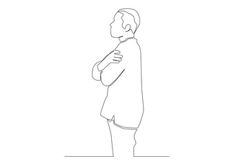 Continuous one line art of man hugs himself.  Concept of self-help, reflection, therapy, independence, loneliness, lack of warmth, desire for closeness, crave hug, hug, self-hug, support, self-support