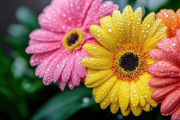 Colorful gerbera flowers with water drops on their petals