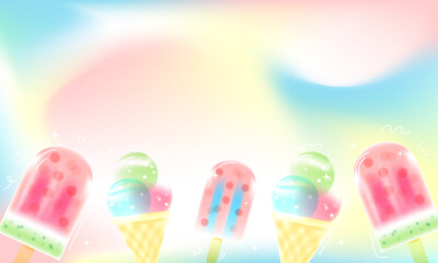 Ice cream popsicle and cone on gradient dreamy background. Summer banner with copy space. Vector illustration.