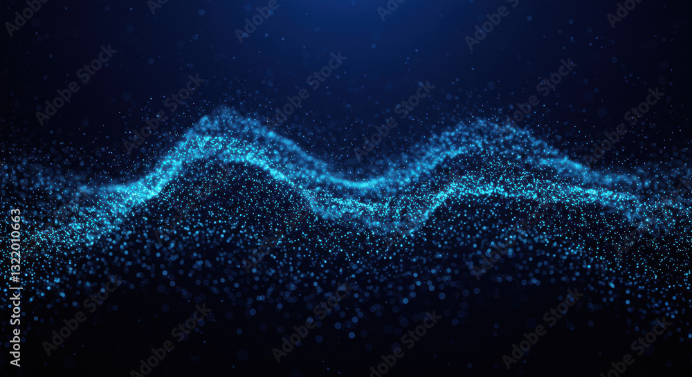 Poster dazzling blue particle wave: abstract tech background, data stream visualization, futuristic design,