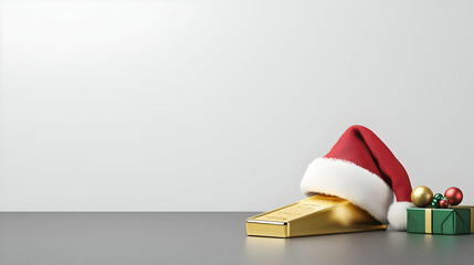 3D Render of a Gold Bar With a Santa Hat and Green Gift Box on a Gray Surface With a White Background Ideal for Christmas Promotions or Greetings