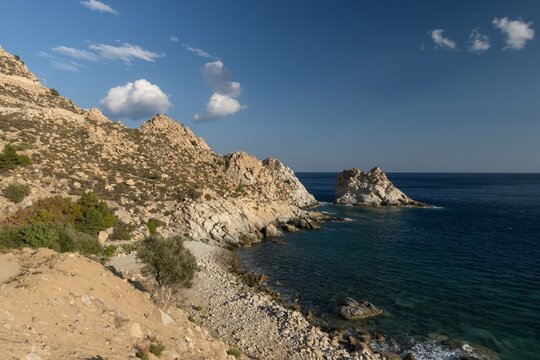 Beautiful Kalou beach with rugged cliffs on the North Aegan island of Ikaria in Greece.	