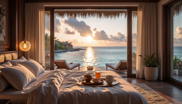 Fototapeta Island resort with crystal-clear turquoise ocean seen from the open balcony against the sunrise