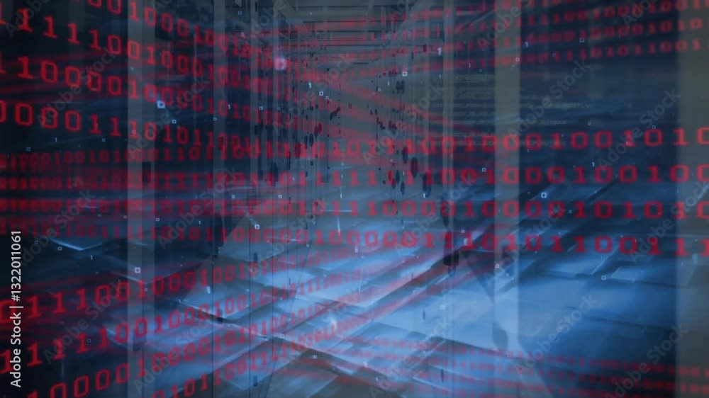 Poster red binary code animation over modern data center with blue lighting