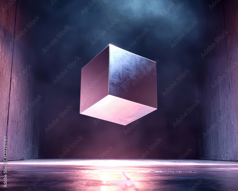 Poster floating metallic cube in a dim, mysterious environment with light