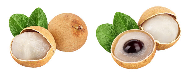 Fresh longan fruit with leaves isolated on white background