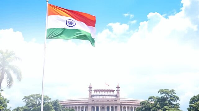 India flag on the top of indian parliament building video, indian flag video, india flag waving video, india independence day video, india day with india flag video, generated with ai