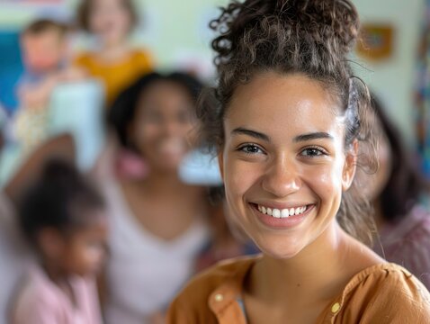 Young social worker smiling with families at a community center