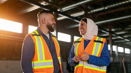 Happy diverse construction workers collaborating in a warehouse.