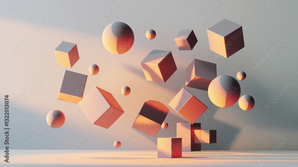 Poster abstract 3d render of geometric shapes spheres and cubes floating, showcasing balance and light inte