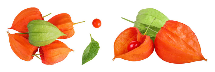 Cape gooseberry, physalis isolated on white background with full depth of field. Top view. Flat lay