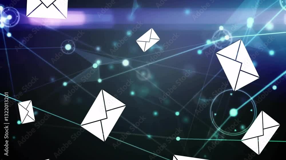 Poster animation of envelope icons floating over digital network connections in school
