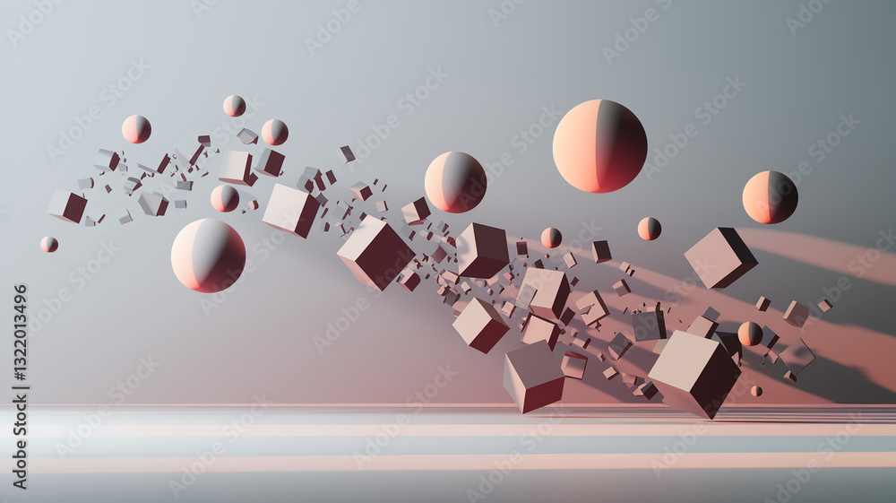 Poster abstract 3d render of cubes and spheres floating in a pale gray space, creating dynamic, minimalist 