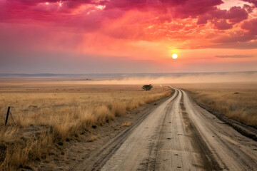 Fototapeta premium Serene Sunset Over Dusty Road in Expansive Grassland Landscape with Vibrant Sky and Scenic Nature Viewpoint at Dusk