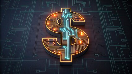 Business Finance Investment concept Digital dollar symbol with glowing circuitry on a dark background, representing technology and finance.