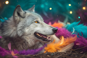 Majestic Gray Wolf Resting Amidst Colorful Feathers and Sparkling Lights in Enchanted Forest Setting
