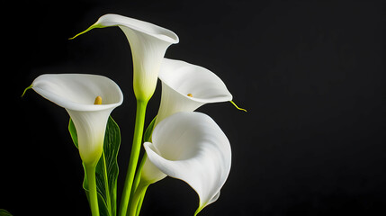 Elegant White Calla Lilies with Green Stems Against a Dark Background in Studio Shot