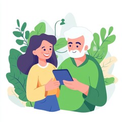 Happy granddaughter and grandfather using a tablet together outdoors amidst lush greenery