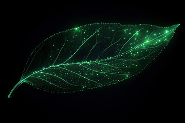 Glowing Leaf: A single leaf, illuminated with an ethereal green glow against a deep black background, showcasing intricate details and veins, creating a captivating display of nature's artistry.