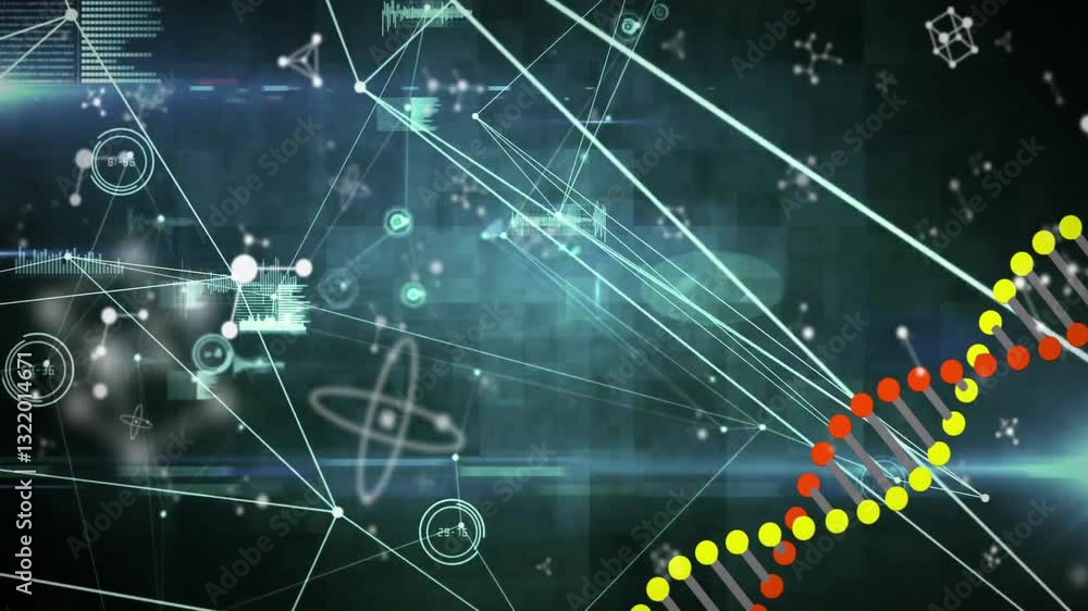 Aufkleber dna strand and scientific data processing animation over digital network background